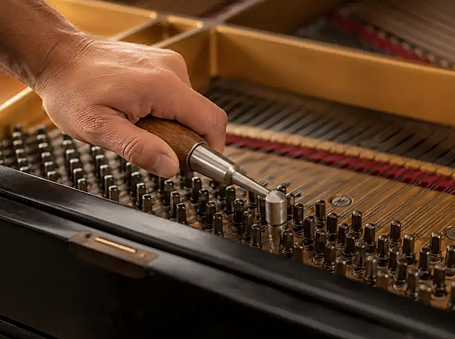 Close-up of a piano technician tuning a grand piano by adjusting a tuning pin with a tuning hammer while strings extend into the background.