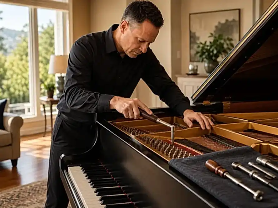 Professional piano technician tuning a grand piano inside a residential home with natural daylight and specialized tuning tools.